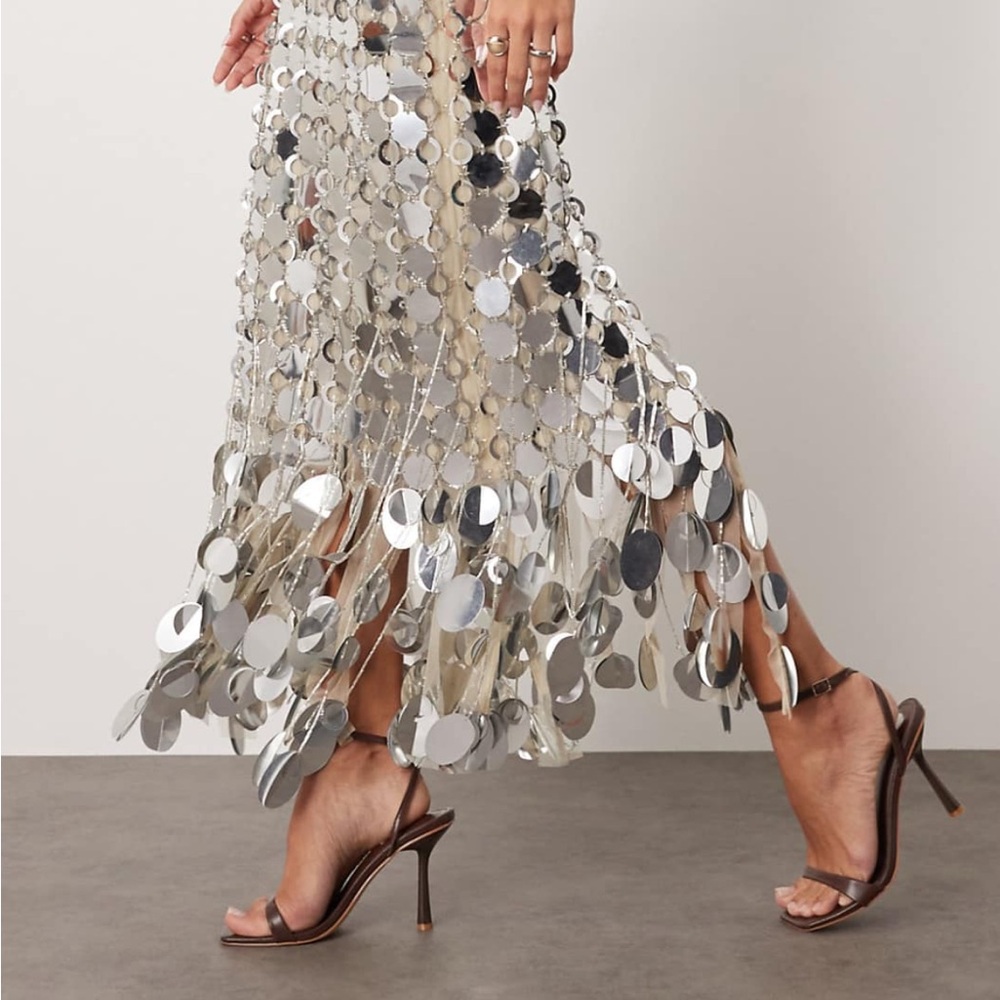 ASOS ARRANGE futurist sequin fringe hem midi skirt in silver